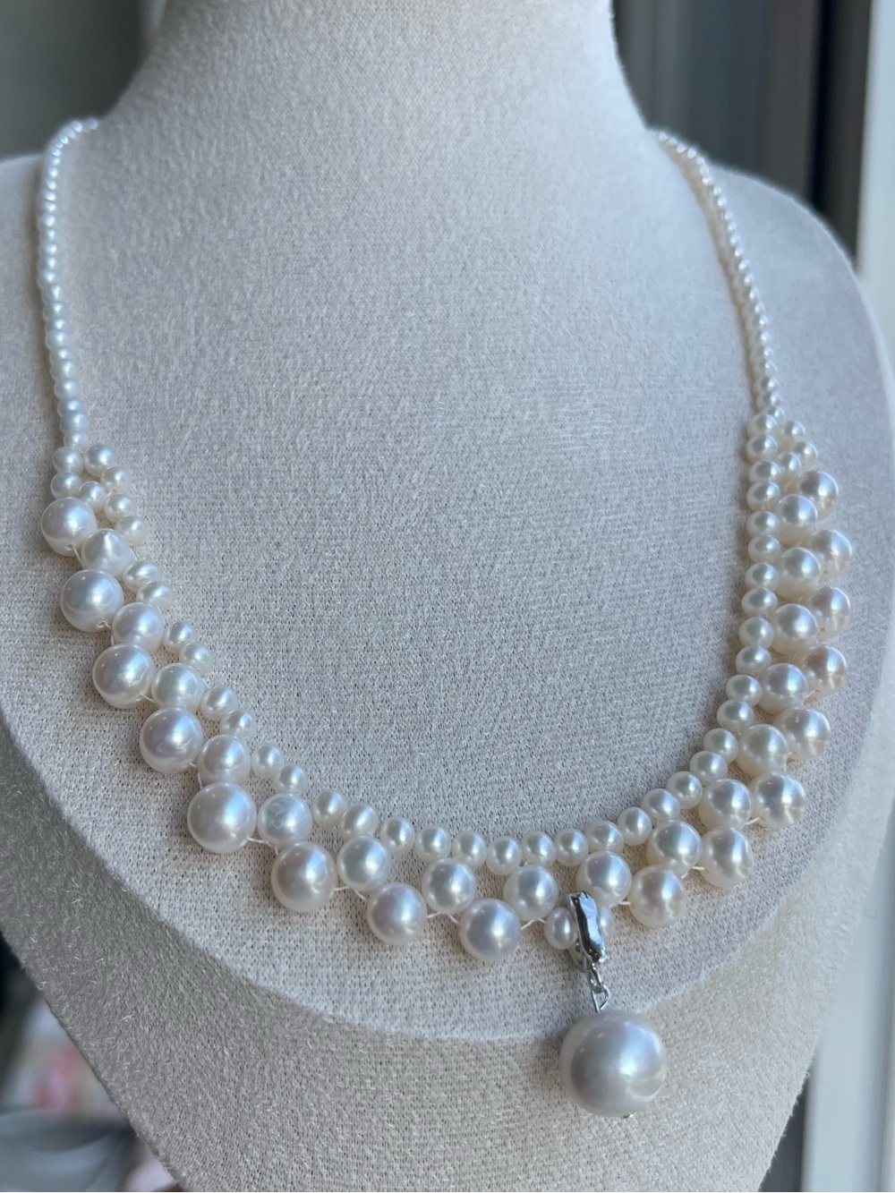 Natural White Pearl Multi-Strand Necklace with Drop Pendant 70